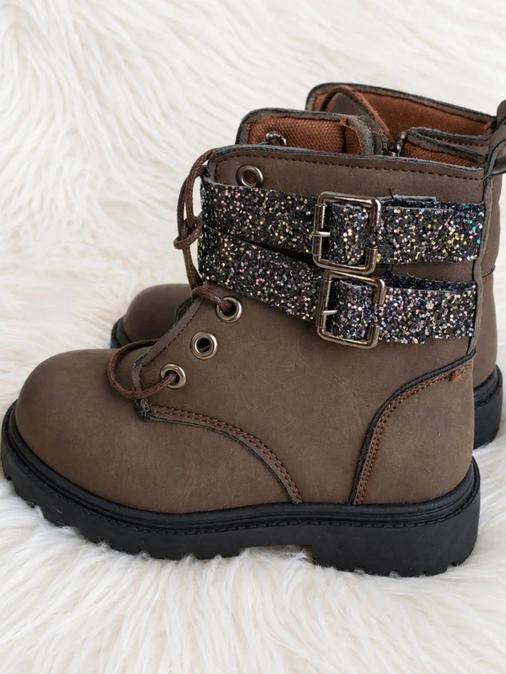 Blue Girls' Brown Glitter Strap Zip Lace Durable Boots SZ 8